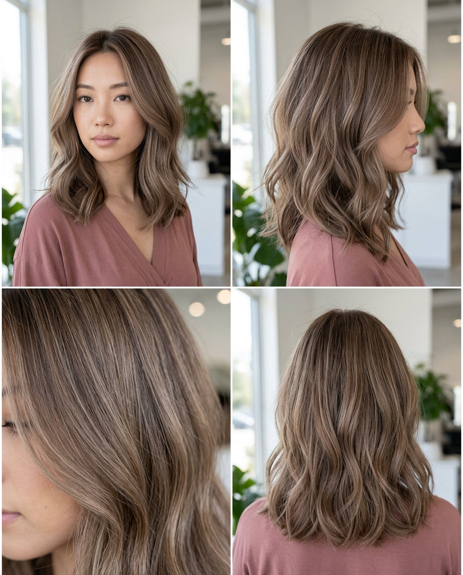 collarbone-grazing lob with oatmilk mushroom and babylights, face-framing pieces — modern minimal