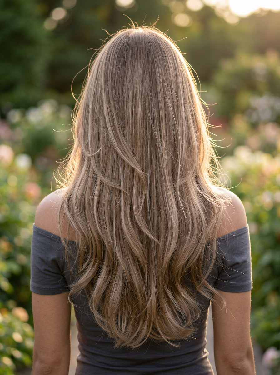 long layered haircut with oatmilk mushroom brown, babylights, face-framing layers — romantic elegant waves