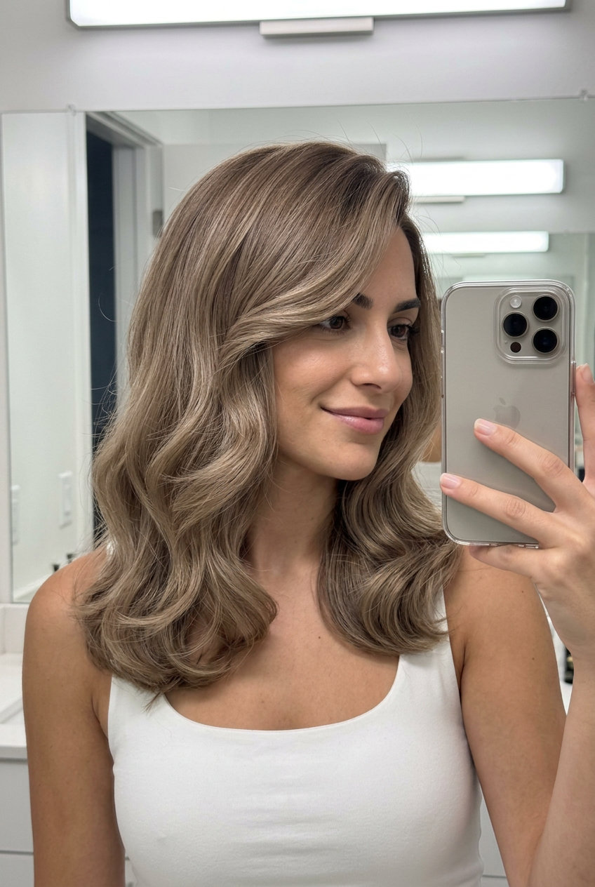 medium oatmilk mushroom hair color with beige babylights, clear gloss, no bangs — retro