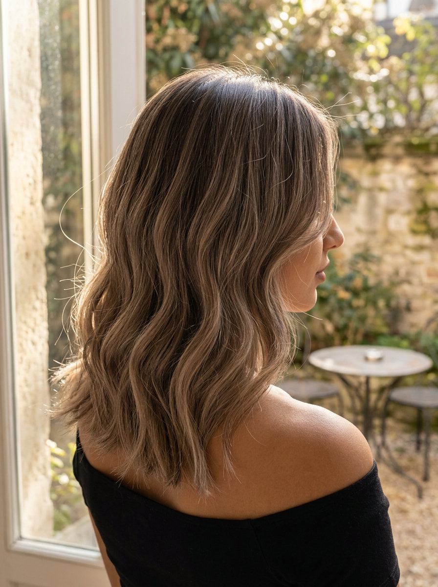 shoulder-length oatmilk mushroom hair color with beige-grey babylights, face-framing layers, no bangs — romantic