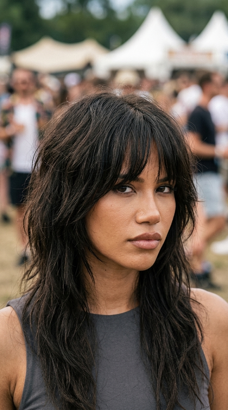 shag haircut with obsidian brown color, choppy layers, curtain bangs — edgy casual weekend