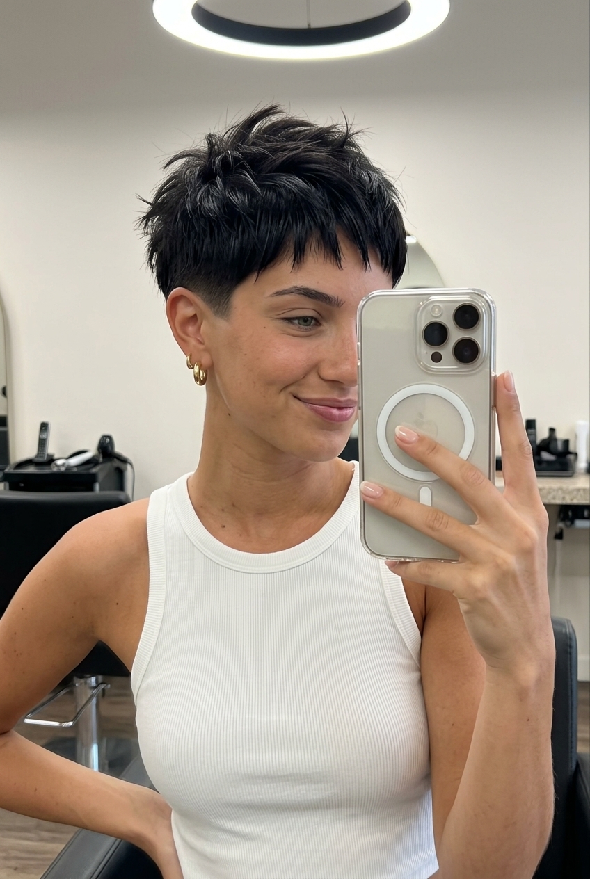 very short obsidian brown razor crop with choppy fringe and disconnection for edgy look