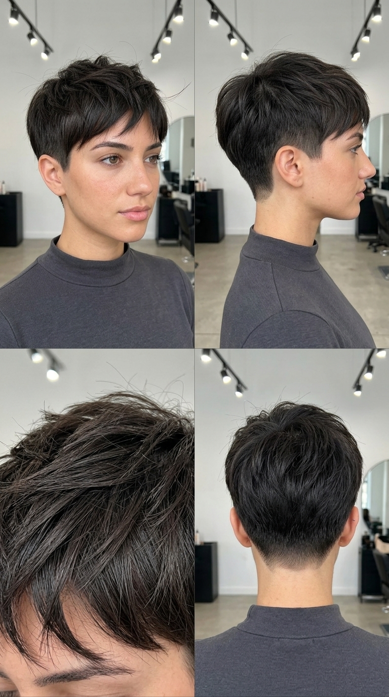 very short pixie haircut with obsidian brown color, razored sides and choppy top, short wispy fringe — bold edgy night out