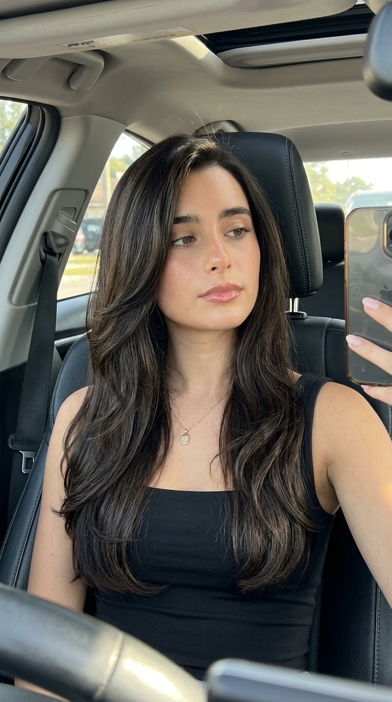 long obsidian brown hollywood glamour waves with deep black-brown color, flowing layers, deep side part — glamorous and sophisticated