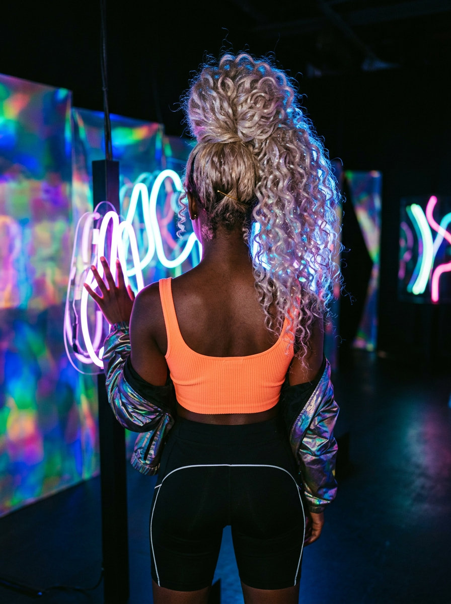 long curly pineapple ponytail with opal blonde shimmer, voluminous texture, face-framing tendrils — playful festival
