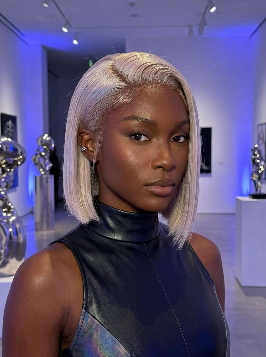 short sleek bob with opal blonde color, wet look finish, deep side part — modern festival