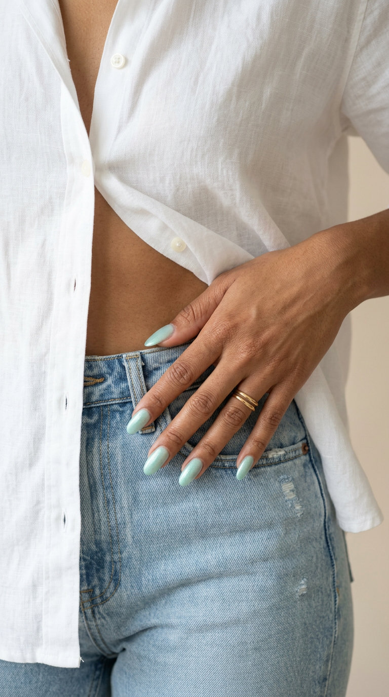 Aqua Shimmer Oval Nails 2026 | Vacation Vibe Aqua green shimmer oval nails 2026 for all skin tones. Refreshing for vacation & beach trips.