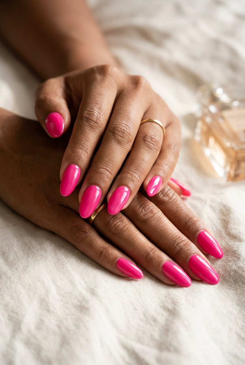 Barbiecore Pink Oval Summer Nails 2026 Barbiecore pink oval summer nails 2026 for all skin tones. Bold hot pink glossy gel polish on medium-long oval nails for parties.