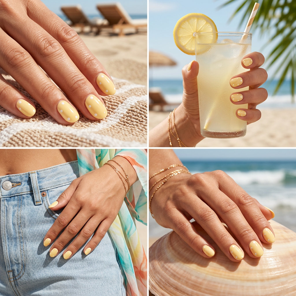 Butter Yellow Dot Oval Nails 2026 | Playful Style Butter yellow oval nails with white dots 2026 for all skin tones. Whimsical for casual outings & picnics.