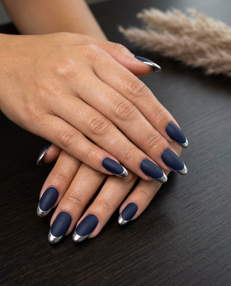 Midnight Chrome French Oval Summer Nails 2026 Midnight chrome French oval summer nails 2026 for all skin tones. Edgy navy and silver chrome on long oval nails for date night.