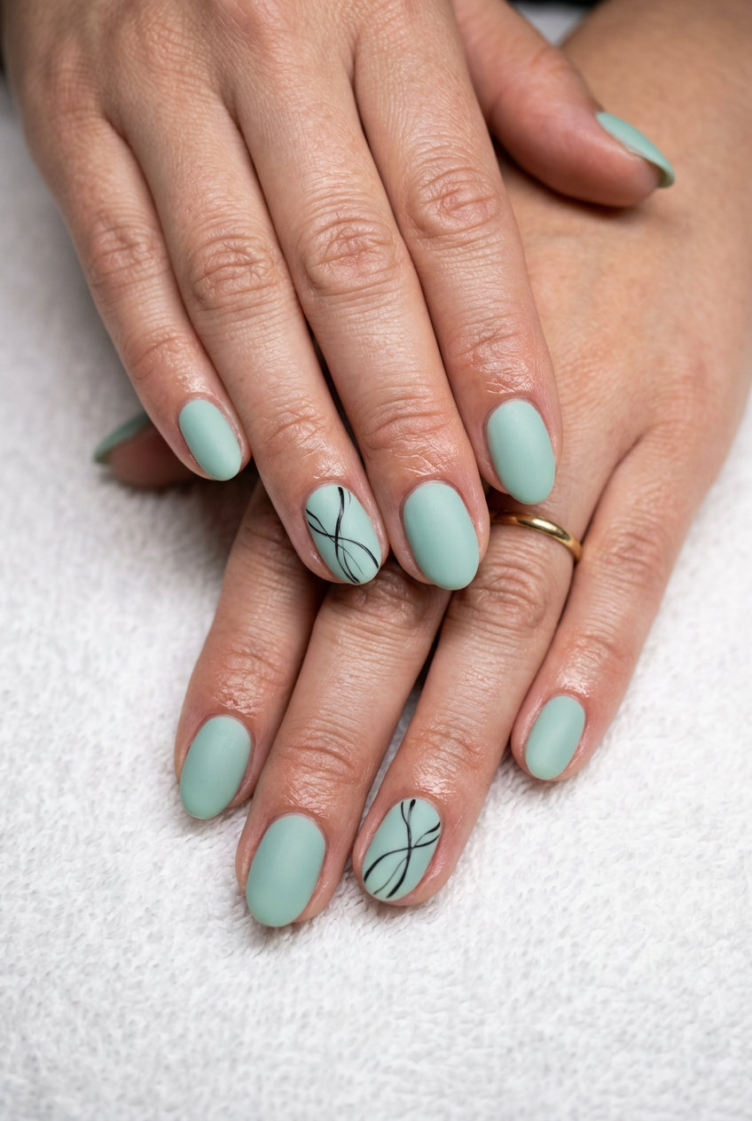 Mint Green Line Art Oval Nails 2026 Mint green matte line art oval summer nails 2026 for all skin tones, minimalist and artsy daily style.
