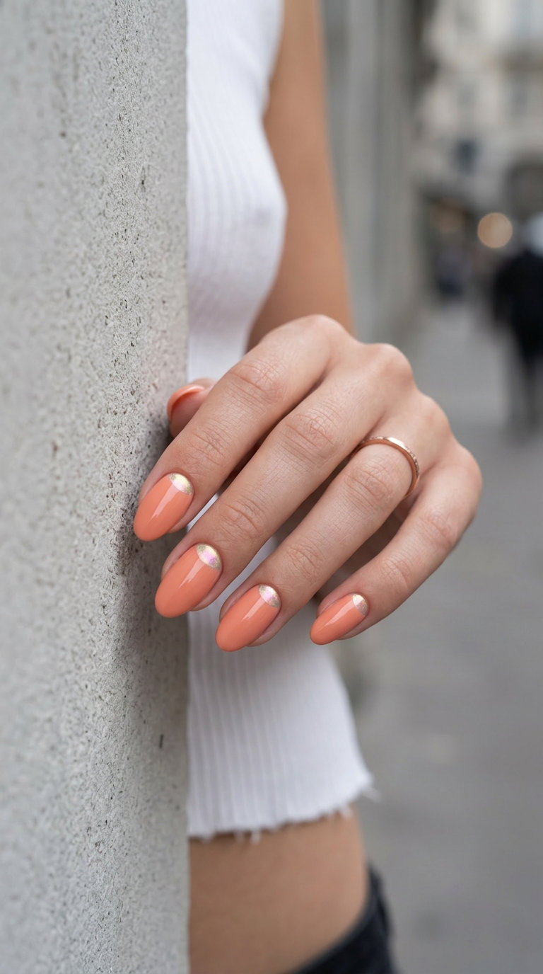 Peach Coral Chrome Oval Summer Nails 2026 Peach coral chrome cuticle accent oval summer nails 2026 for all skin tones. Futuristic glossy gel polish with iridescent chrome.