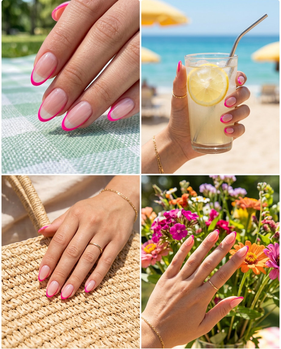 Pink Outline Oval Nails 2026 | Bold Statement Electric pink outline oval nails 2026 for all skin tones. Bold for festivals & summer concerts.