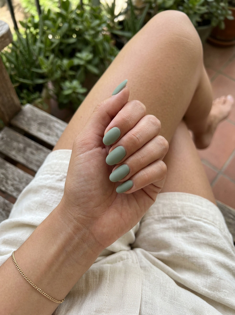Sage Velvet Oval Nails 2026 | Sophisticated Style Muted sage green velvet matte oval nails 2026 for all skin tones. Sophisticated daily wear & work appropriate.