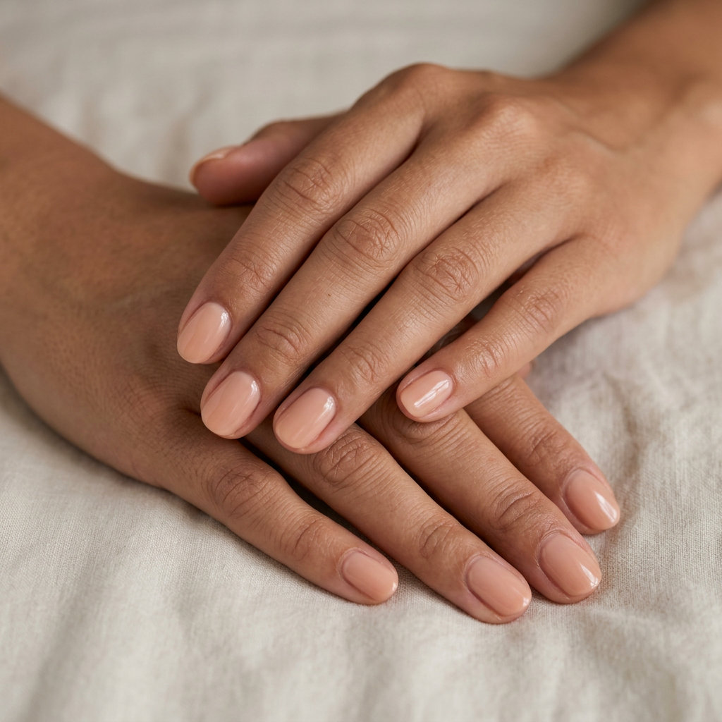 Sheer Peach Elongating Oval Summer Nails 2026 Sheer peach elongating oval summer nails 2026 for all skin tones. Minimalist glossy gel polish on medium oval nails for daily wear.