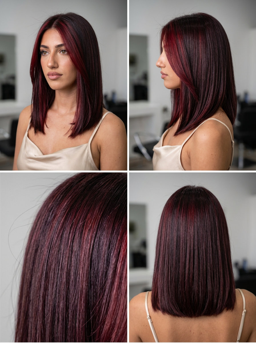 Oxblood Red Face-Framing Highlights 2026 long oxblood red face-framing highlights with cool violet undertones, bold ribbons for dramatic effect