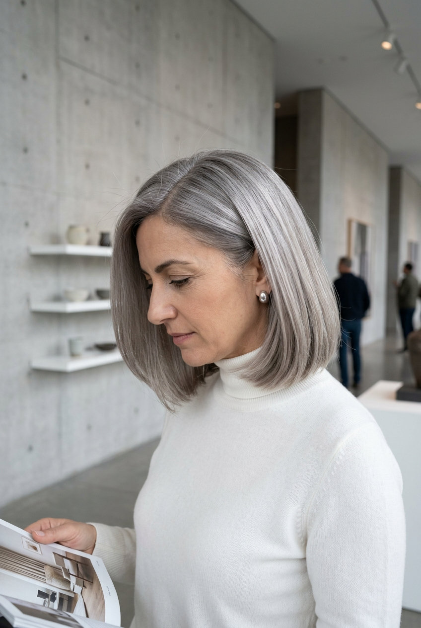 shoulder-length oyster grey bob with silver lowlights, pearlescent toner — sophisticated & chic