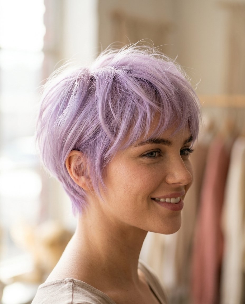 very short pixie haircut in pastel lavender with wispy layers and micro-fringe for festivals