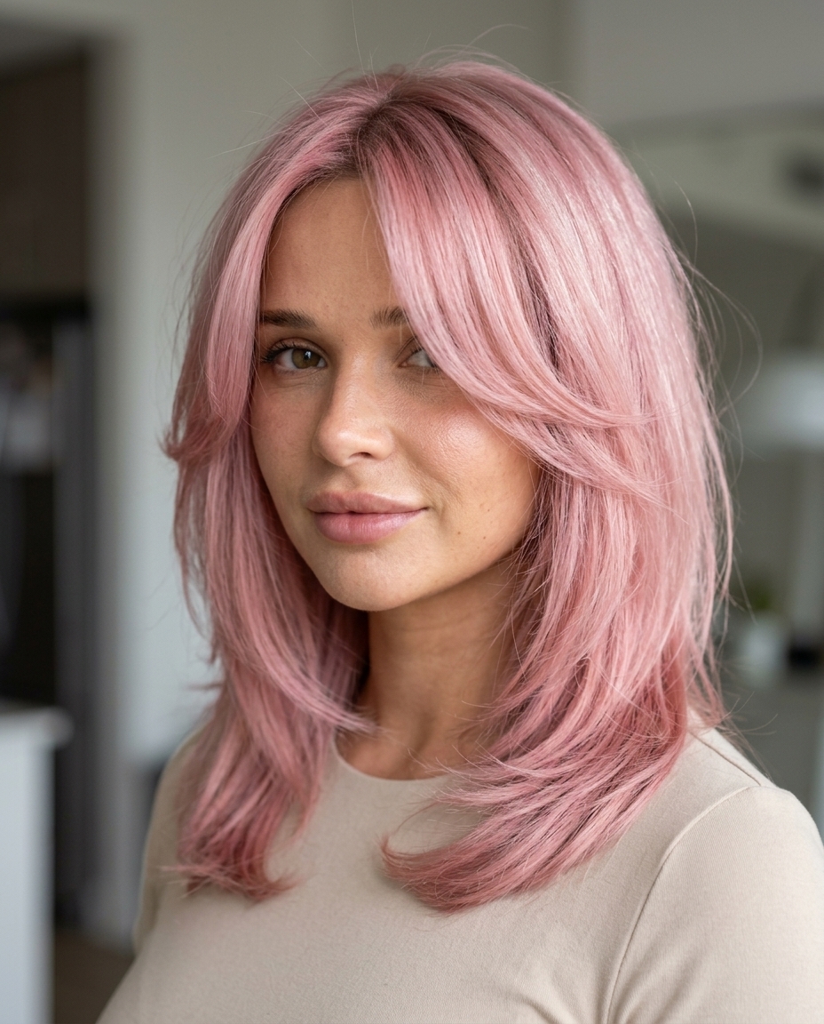 short kitty cut with pastel pink rose gold undertones, soft face-framing layers, no fringe — playful romantic