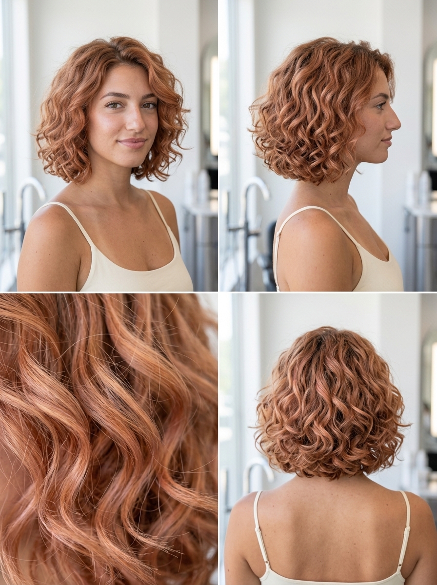 shoulder-length layered bob auburn hair color with peach and orange tones, balayage technique, romantic mood