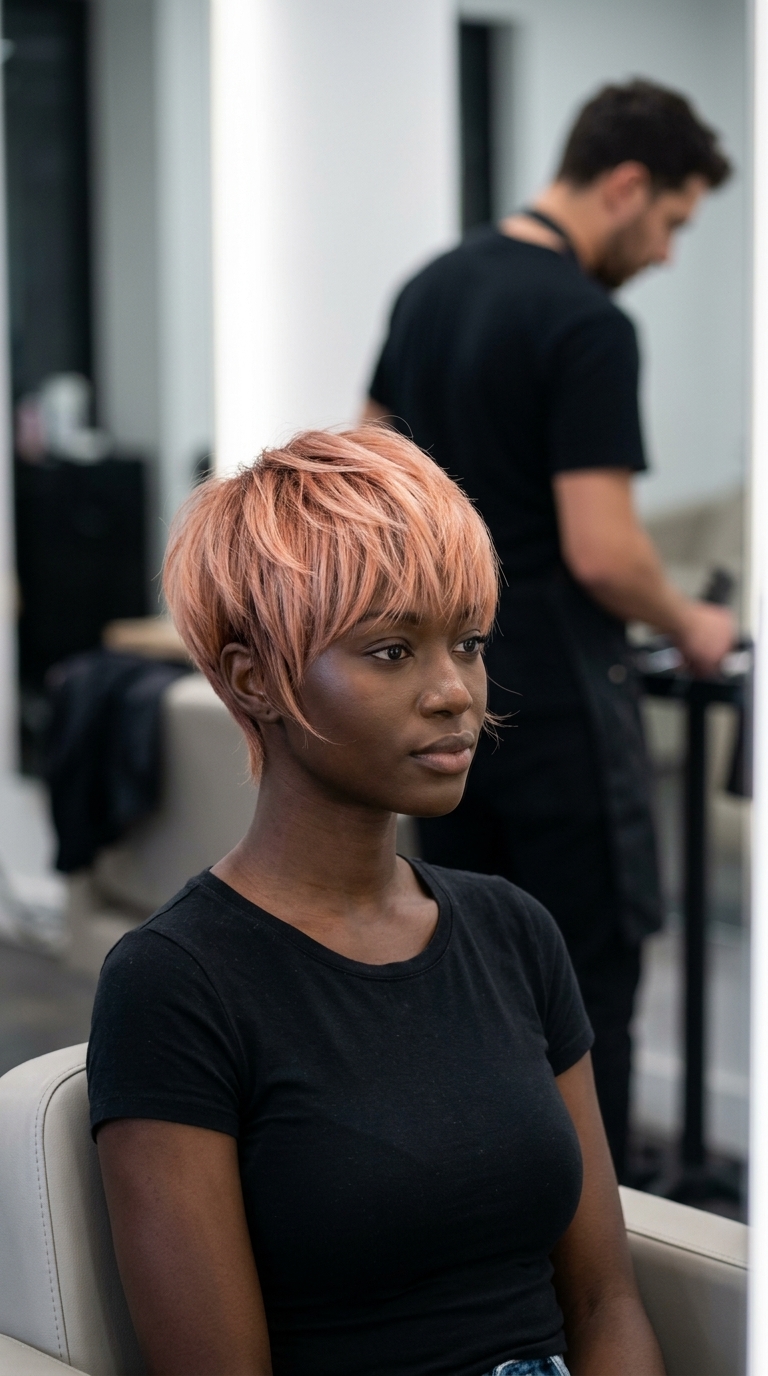 very short pixie haircut auburn hair color with peach and rose gold tones, babylights technique, romantic mood