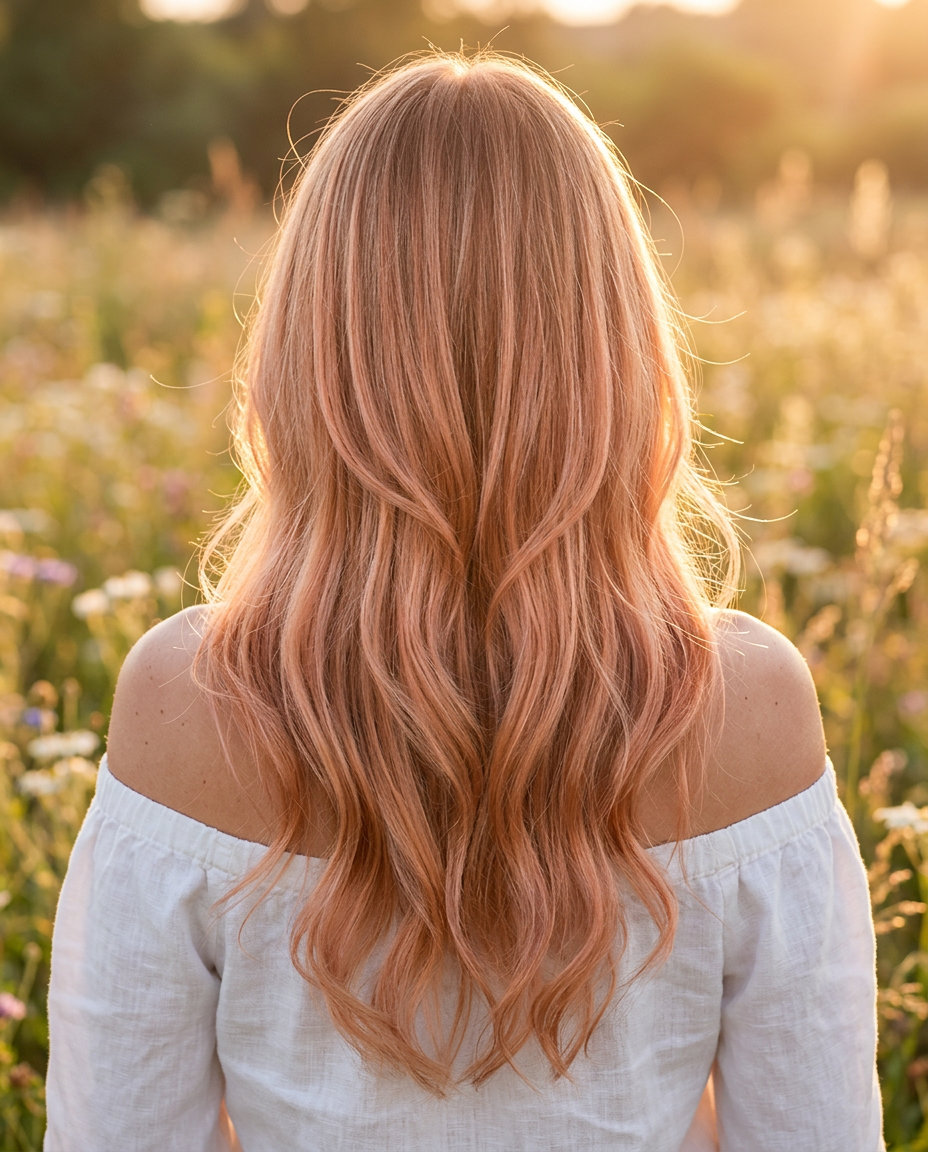 long soft peach rose gold balayage hair with seamless layers and face-framing pieces for summer 2026
