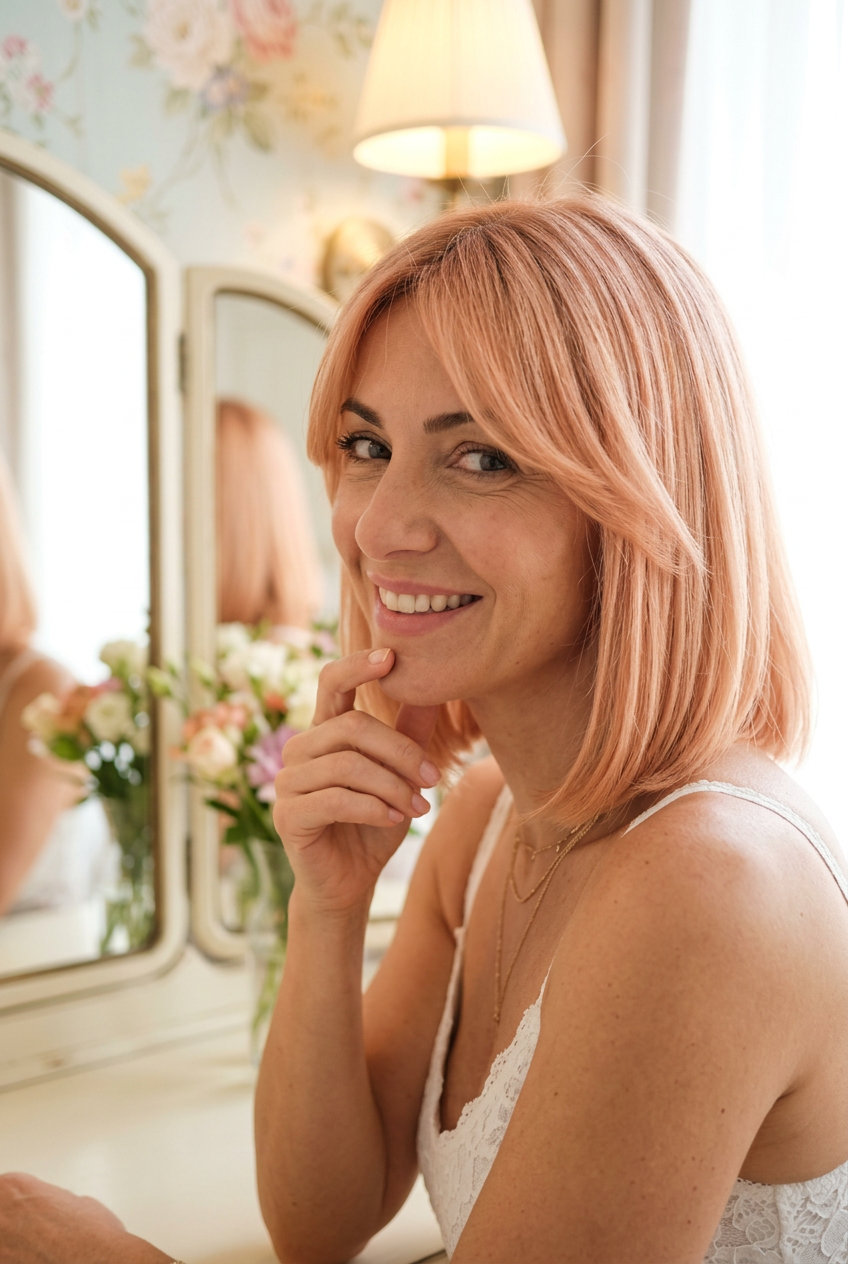 collarbone-length midi-bob haircut in soft peach blonde with strawberry undertones, soft blunt perimeter and face-framing pieces for playful