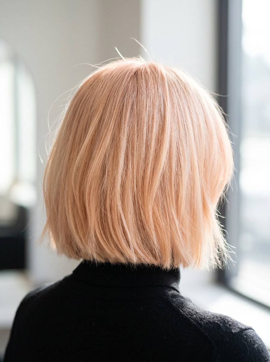short peach blonde bob with soft peach undertones, double process bleach and tone, no fringe — playful festival look