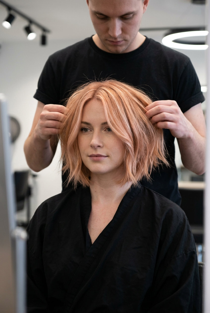 chin-length asymmetrical bob with peach fuzz copper balayage, soft point-cut perimeter, and tapered back for playful look