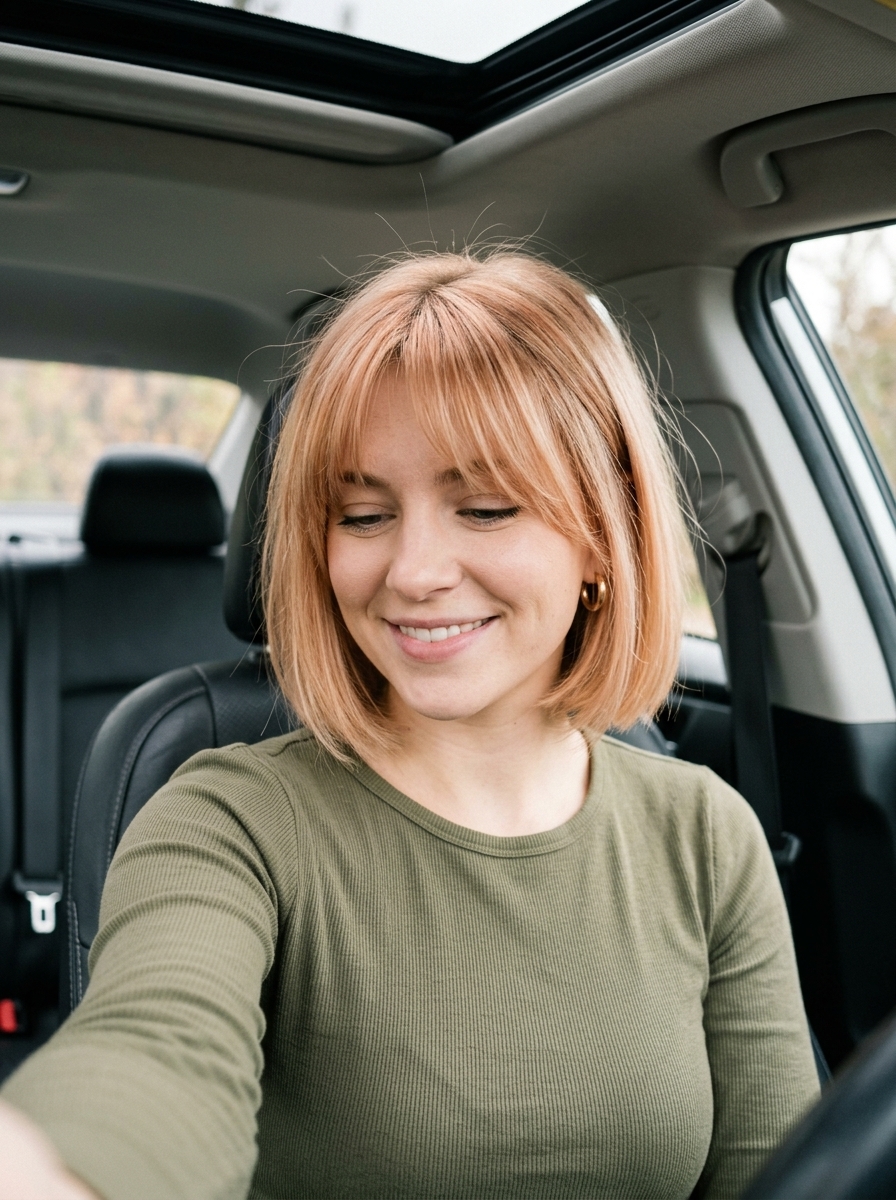 chin-length bob dimensional summer blonde hair color 2026 with peach fuzz, babylights, curtain bangs — playful