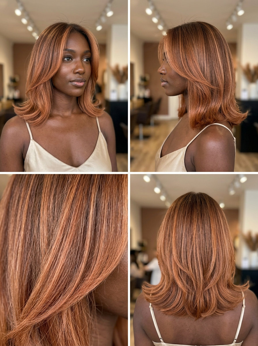 collarbone-length midi-flick haircut in peach fuzz copper with strawberry blonde accents for playful weekends