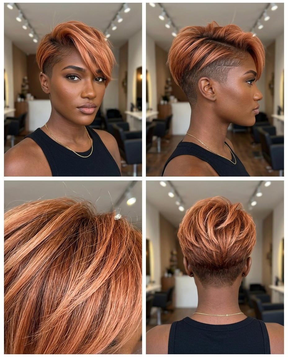 very short undercut pixie haircut with peach fuzz copper color, warm gold accents, and swept fringe for summer