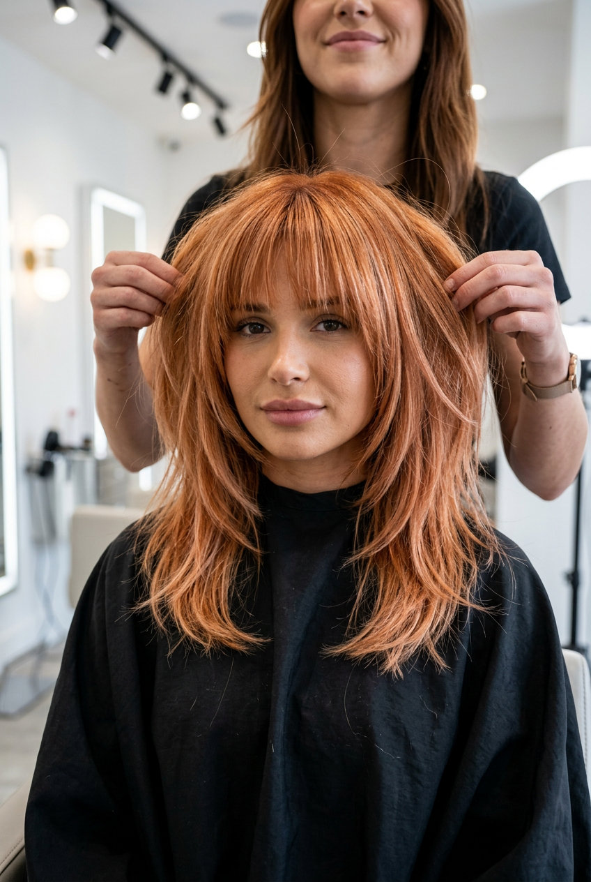 shoulder-length peach fuzz copper haircut with strawberry blonde highlights and shag layers for festival