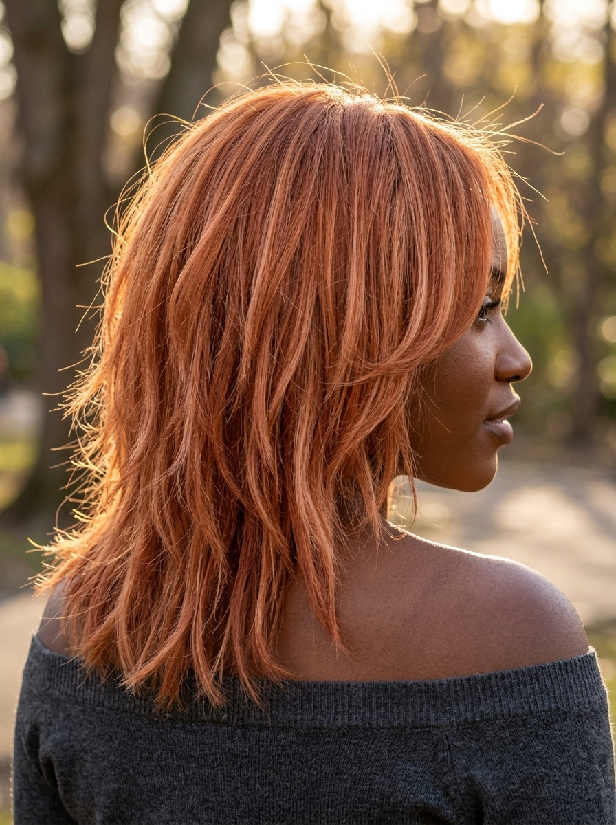 shoulder-length shag haircut in peach fuzz copper with strawberry blonde balayage, piecey fringe — edgy summer look