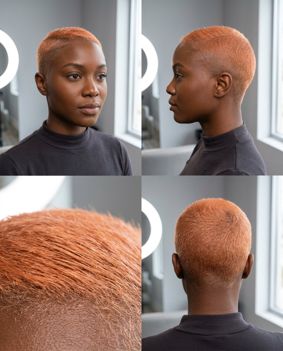 very short buzz cut in peach fuzz copper with subtle fade for edgy festival wear