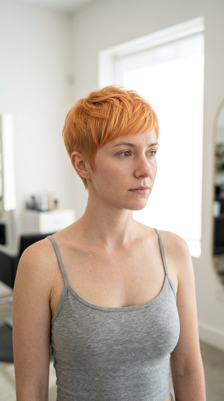 very short pixie cut in peach fuzz copper with tapered sides and soft side-swept bangs