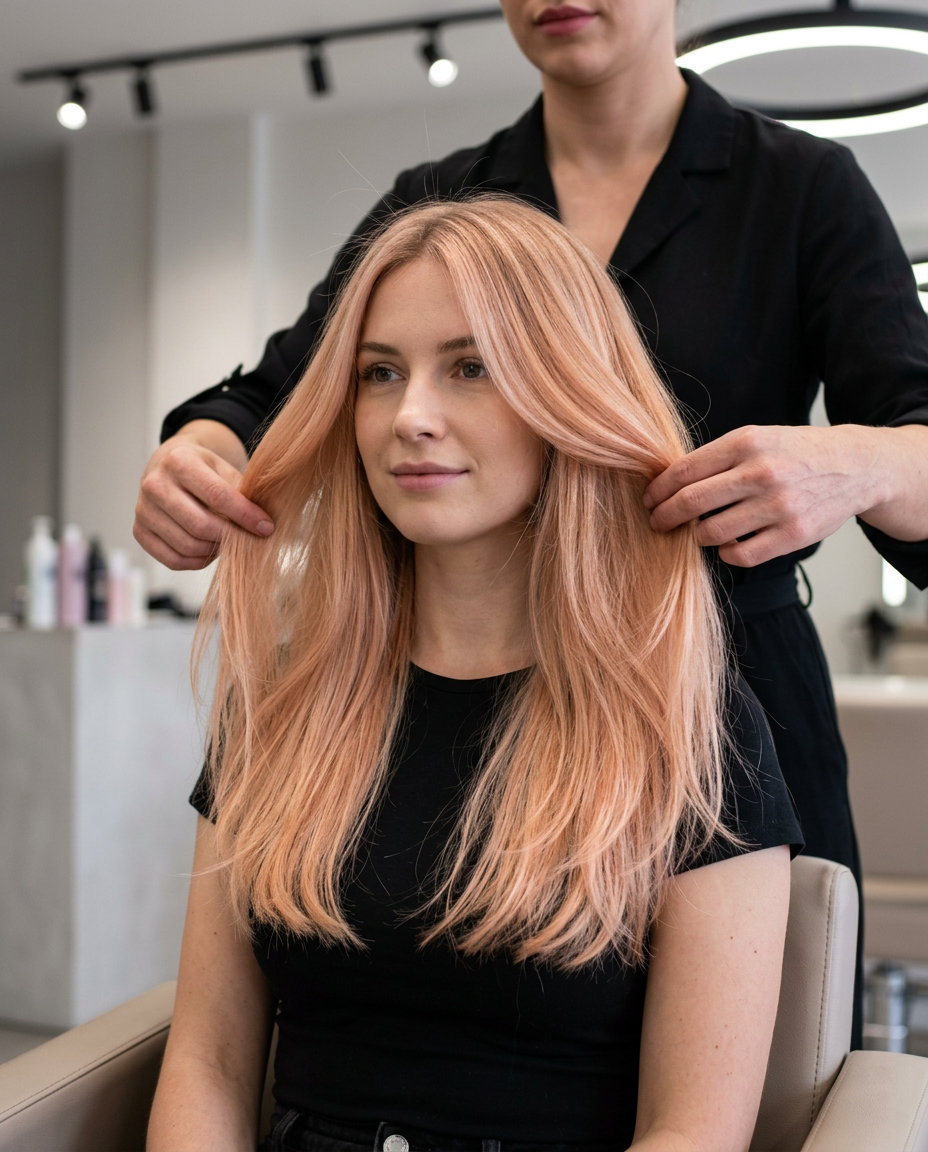 long peach fuzz balayage with soft rose gold and light blonde base, seamless blend — dreamy summer party