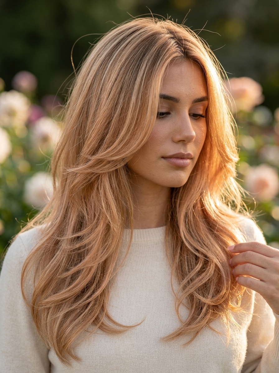 long layered dimensional summer blonde hair color 2026 with peach fuzz and warm gold undertones, fine balayage and peach-gold glaze, soft U-shape back — romantic and ethereal