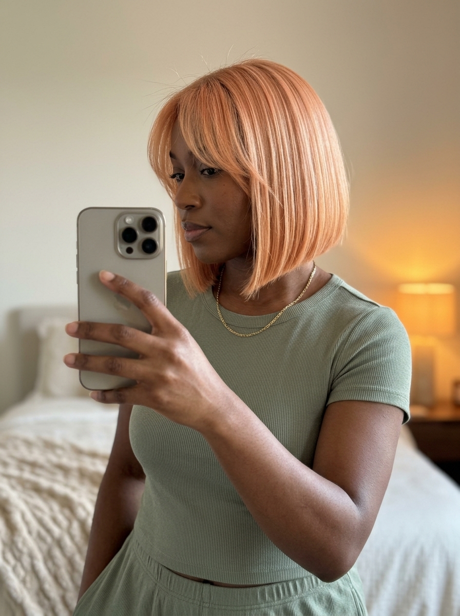 short peach fuzz bob with blunt ends and wispy bangs for playful summer looks
