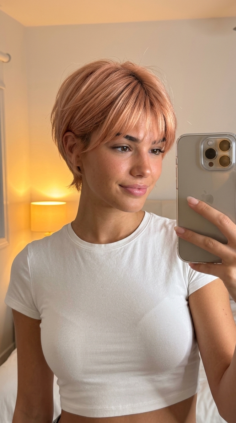 short pixie haircut dimensional summer blonde hair color 2026 with peach fuzz tones and rose gold undertones, razored layers and wispy bangs, all-over gloss — playful and radiant