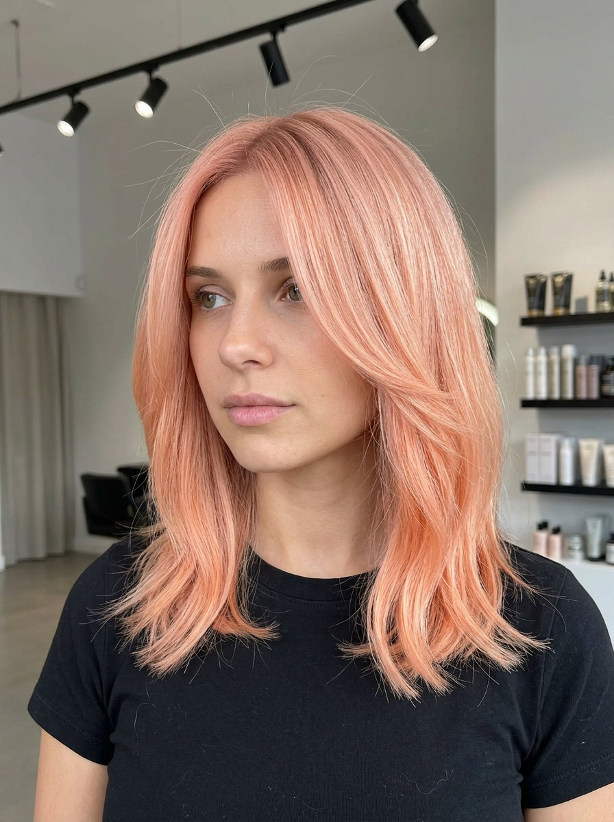 shoulder-length peach fuzz balayage with soft peachy-pink glaze, subtle layering, no bangs — romantic whimsical date night