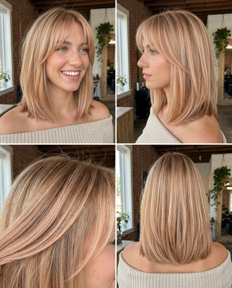 shoulder-grazing lob dimensional summer blonde hair color 2026 with peach fuzz highlights, curtain bangs — trendy