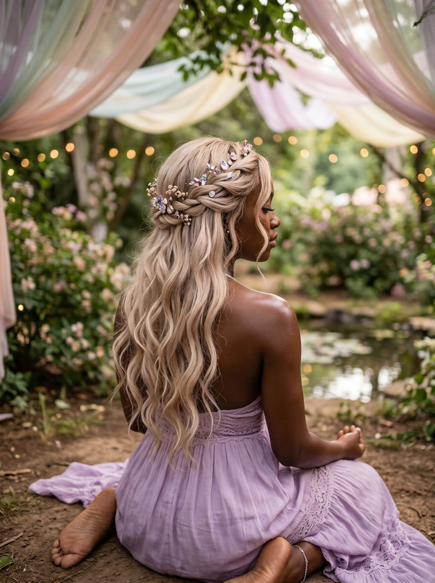 long wavy half-up with soft pearl blonde, twisted crown, pastel jewel accents, face-framing waves — ethereal festival style