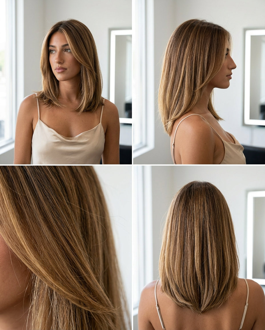 Golden Hour Pecan Lob: Bronde 2026 collarbone-grazing lob pecan bronde with golden ribbons, invisible layers, face-framing pieces β effortless soft waves