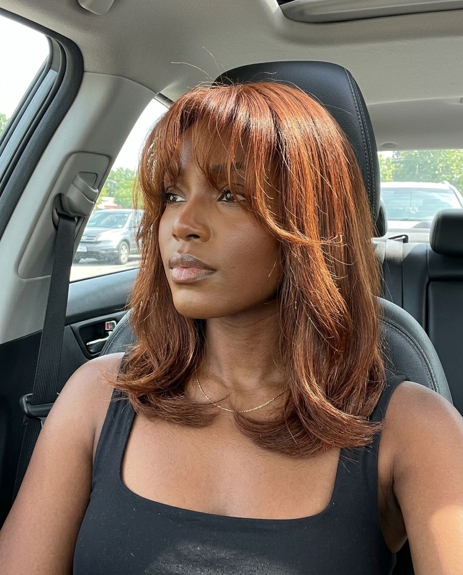 long dimensional penny auburn with red-gold highlights, subtle micro-highlights, wispy Birkin bangs — romantic