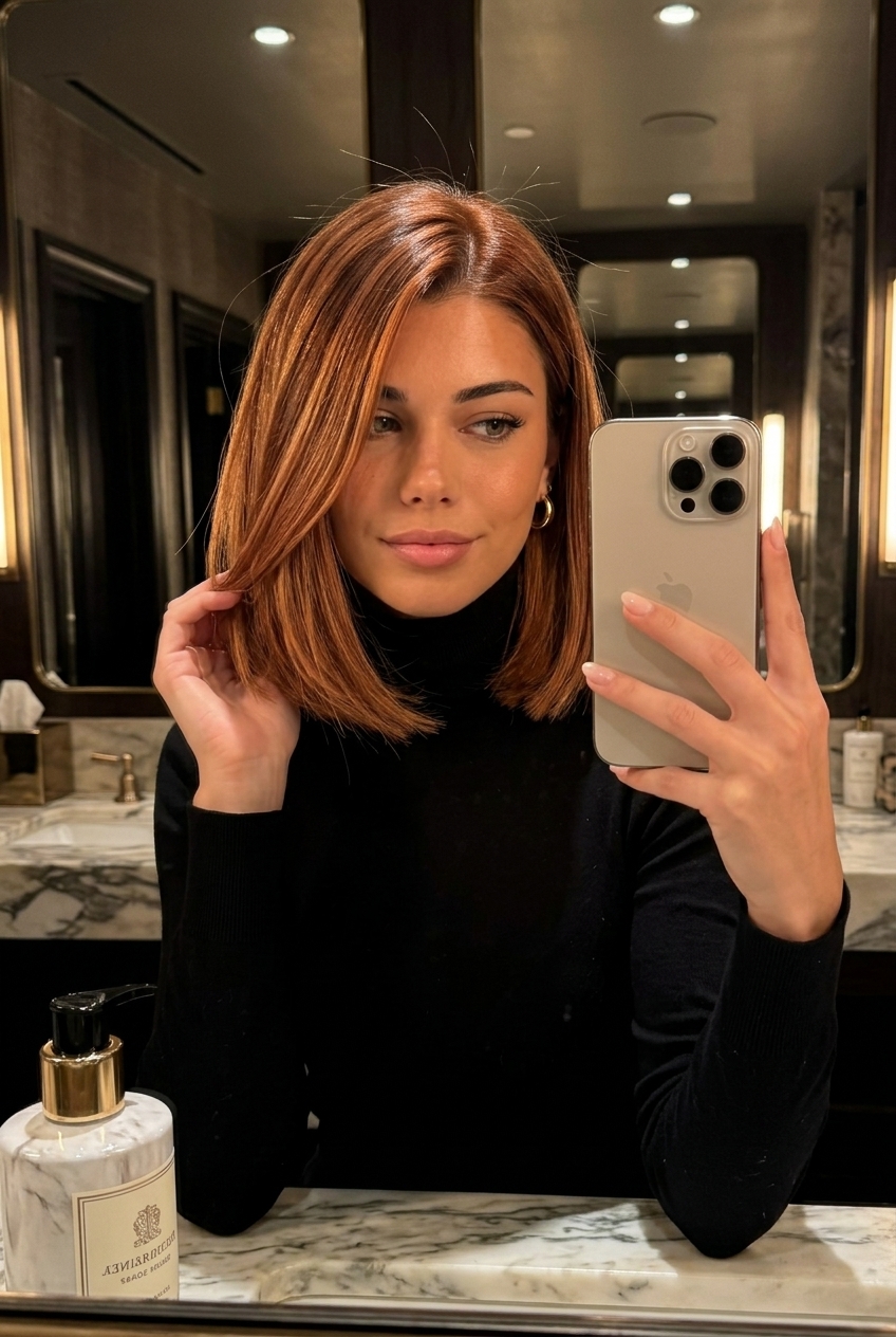 chin-length blunt bob with penny copper balayage, subtle bronze highlights, and deep side part for date night