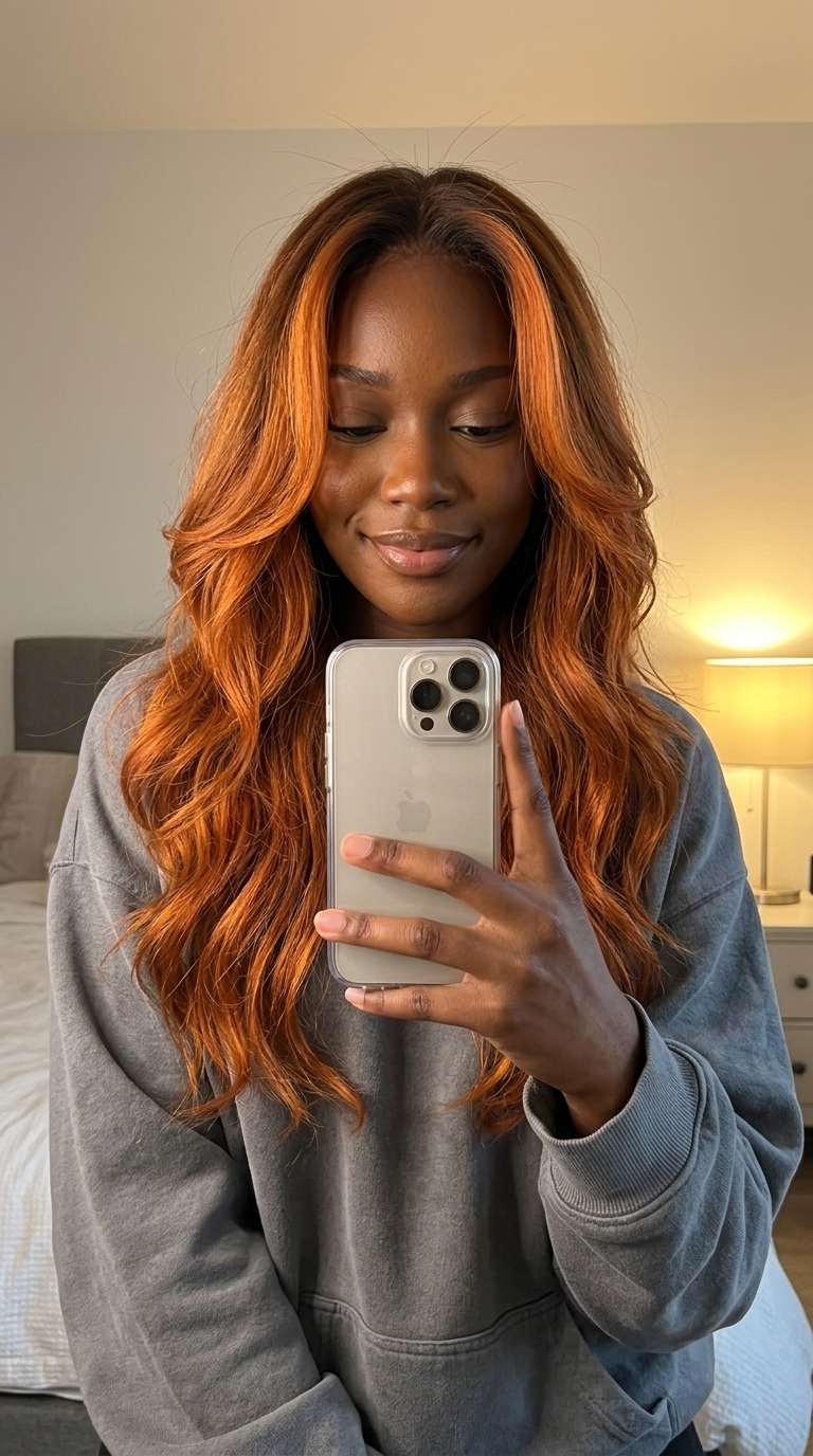 long penny bright copper balayage with U-shaped layers for summer