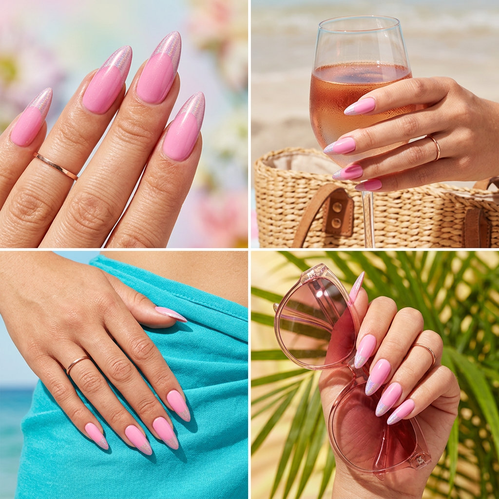 Barbie Pink French Nails 2026 | Festival & Party Style Barbie Pink Holographic French nails for festivals and summer parties. Pink summer nails 2026.