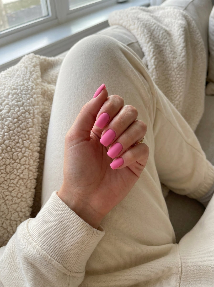 Bold Pink Summer Nails 2026: Barbie Matte Statement Barbie pink matte statement nails for pink summer nails 2026. Bold pink with a velvet matte finish.