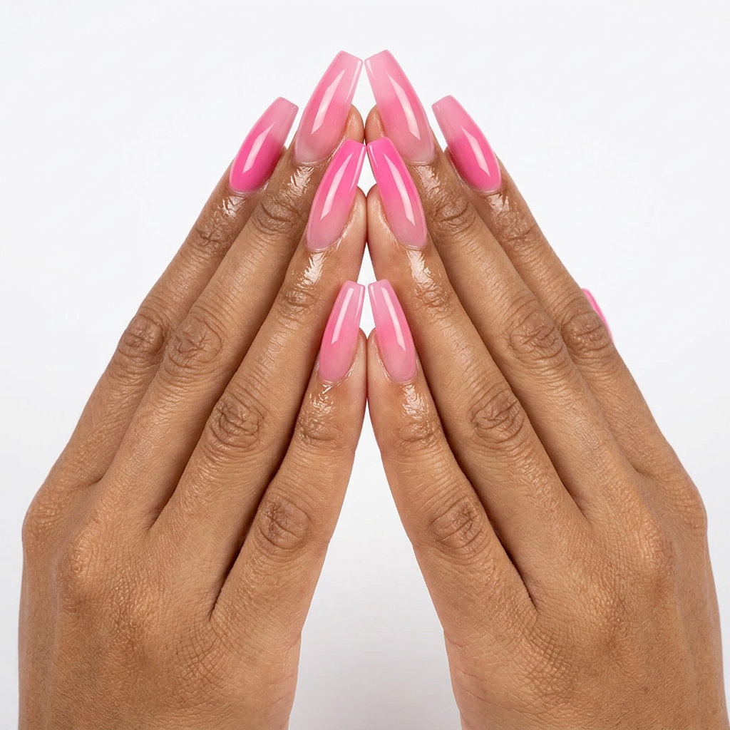 Futuristic Pink Summer Nails 2026: Sunset Ombre Barbie pink airbrush sunset ombre nails for pink summer nails 2026. Bold pink to soft pink gradient.